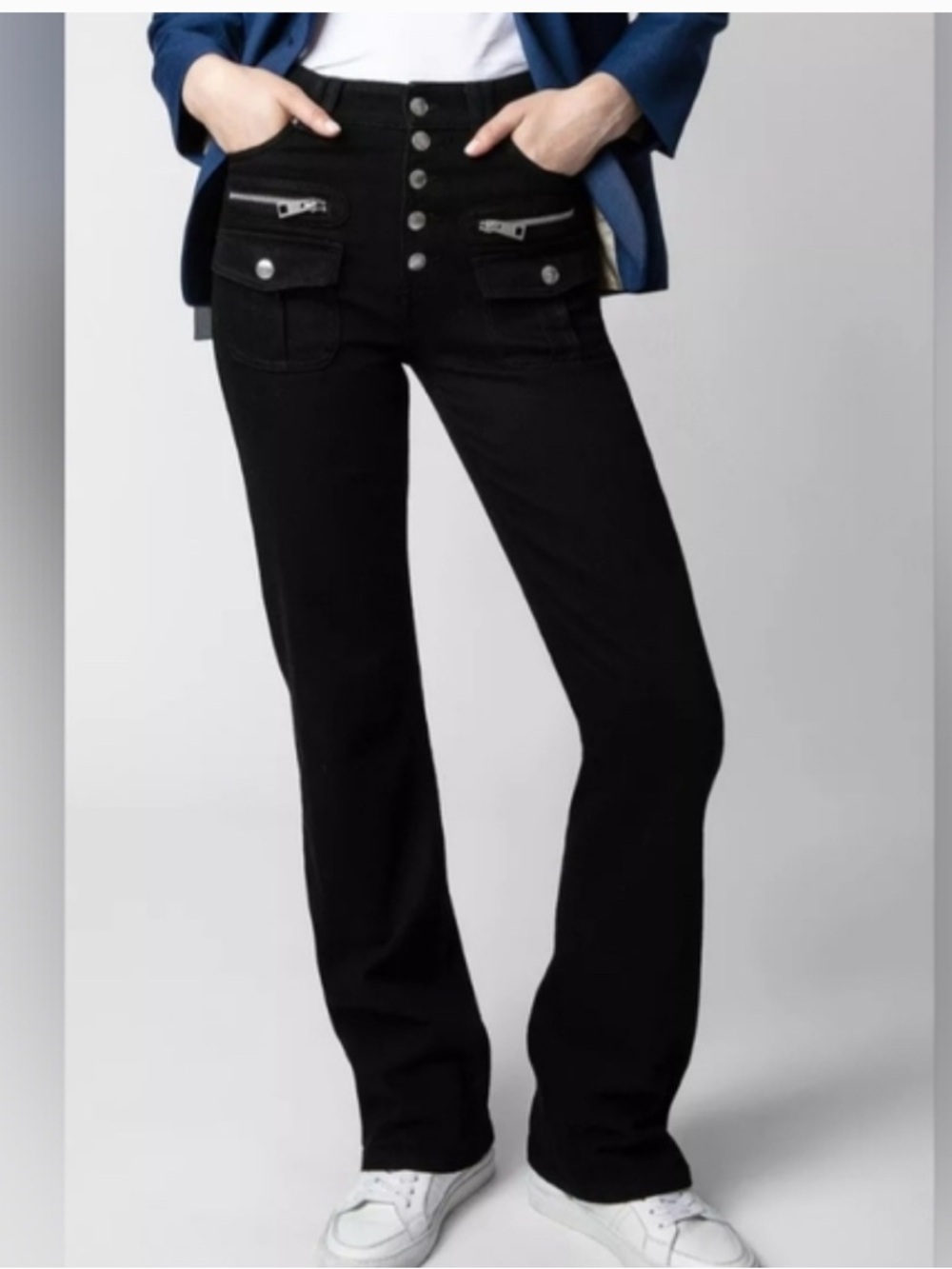 NWT Zadig & Voltaire High-Rise Black Denim Jeans Zip Pockets Button Fly Dustbag